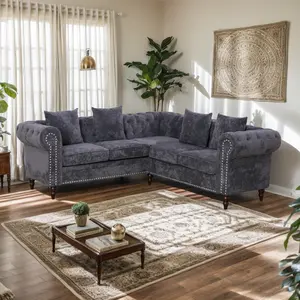 Classic Chesterfield Sectional Sofa,Chesterfield L Shaped Velvet Sofa with 3 Pillows and Rolled Arm,Luxury Button Tufted Sectional Couch 5-Seater for Living Room