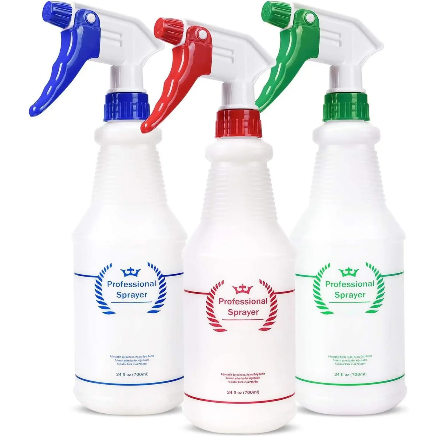 HDPE Plastic Spray Bottles (3 Packs, 24 Oz/700 Ml, 3 Colors) - Heavy-Duty Multi-Purpose Empty Leakproof Water Bottles with Better Trigger Design, Adjustable Nozzle for Cleaning Solutions, Hair Care, Chemically Resistant