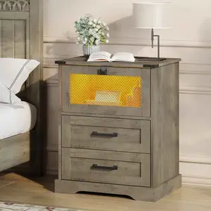 SIKAIC Modern LED Storage Nightstand with Charging Station - Engineered Wood, 2 Drawers, Open Cubby, Rustic Oak Grey Indoor Furniture, Overbed Bedside Table for Bedrooms