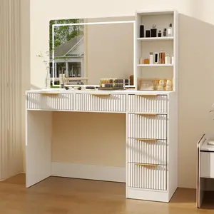 Oak & White Modern Vanity Desk with LED Adjustable Lighting, 6 Drawers, Open Shelves, Hairdryer Stand, Charging Station & Glass Top for Bedroom Daily Grooming.