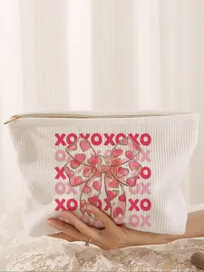 Bowknot Printed Corduroy Makeup Bag, Cartoon Style, Cute Lightweight Multi-Functional Fashion Casual Cosmetic Bag, Travel Organizer, Cosmetics Organizer