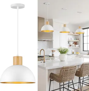White Pendant Light, 11.8" Wood Dome Adjustable Modern Hanging Lighting for Kitchen Island Farmhouse Dining Room