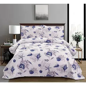 3-Piece Sea Life Set Queen Size(90x90in.)Beach Themed Vivid Seascape Blue Conch Bedspread Coverlet,Lightweight All Season Bedding Set for Home Bedroom(Multi,Queen)