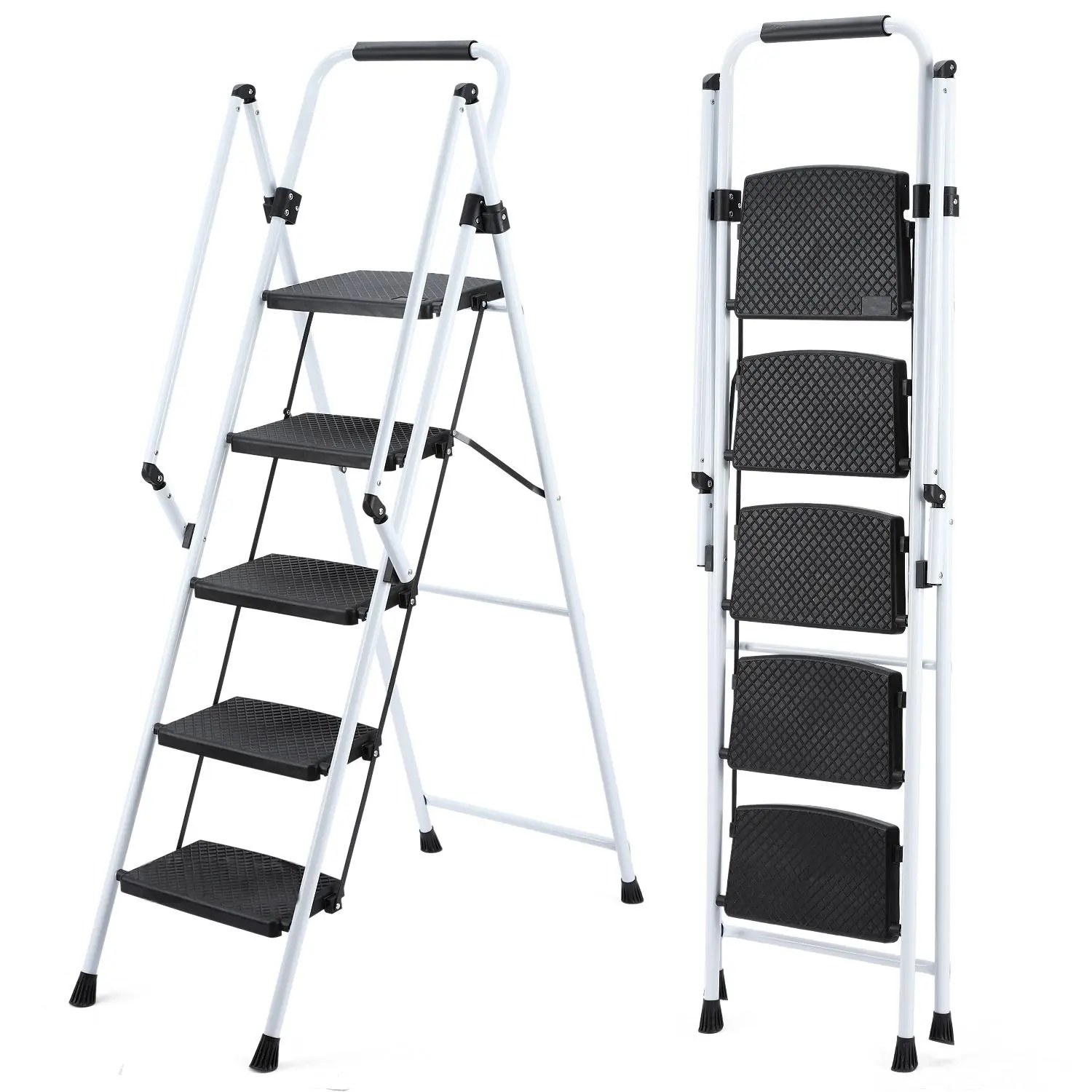 Bellemave 5-Step Lightweight Foldable Ladder - Steel Frame, Anti-Slip Wide Pedals, 330lb Capacity, 18.11x35.00x63.90in, 19.84lbs, Portable Ergonomic Design, Plant Support, Floor Safe, Fullfoot Grip, Easy Carry for Indoor Home Improvement