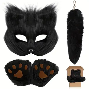 Faux Fur Fox Costume Set, 4Pcs Plush Mask Fluffy Claw Gloves & Tail Perfect for Halloween Christmas and Costume Parties Ideal Gift for Children halloween  boutique Wolfcostume Cosplay