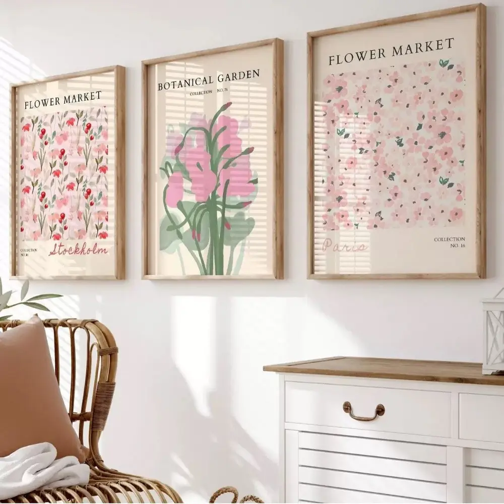 3 Pieces Modern Vintage Minimalist Botanical Flowers Art Prints, Flower Print Design, Triple Canvas Painting, Canvas Wall Mural, Home Art, Contemporary Gallery Decor, Soft Tone Painting, Wall Decor for Living Room, Bedroom, Framed or Unframed