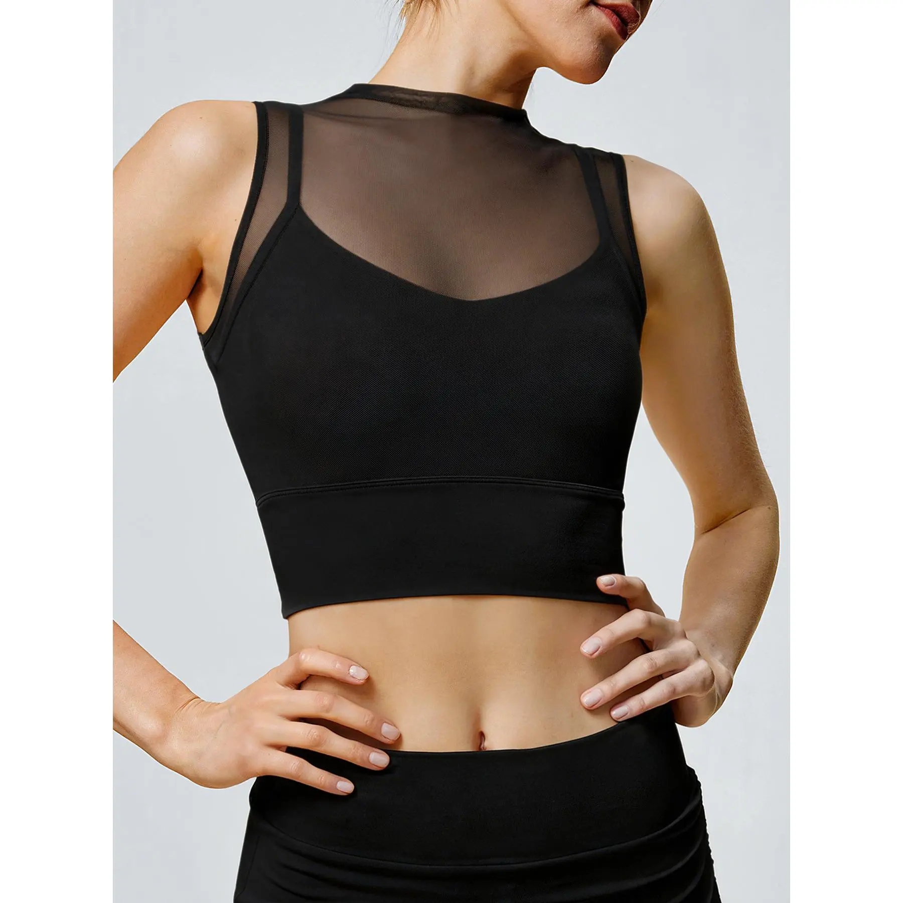 BERLOOK Women's Sheer Mesh Mock Neck Cropped Camisole - Stretchy Layered, Light Support, Full Stretch Move, Sporty Chic, Street-Sporty Look Gym Tops for Yoga/Pilates, Gym & Fitness