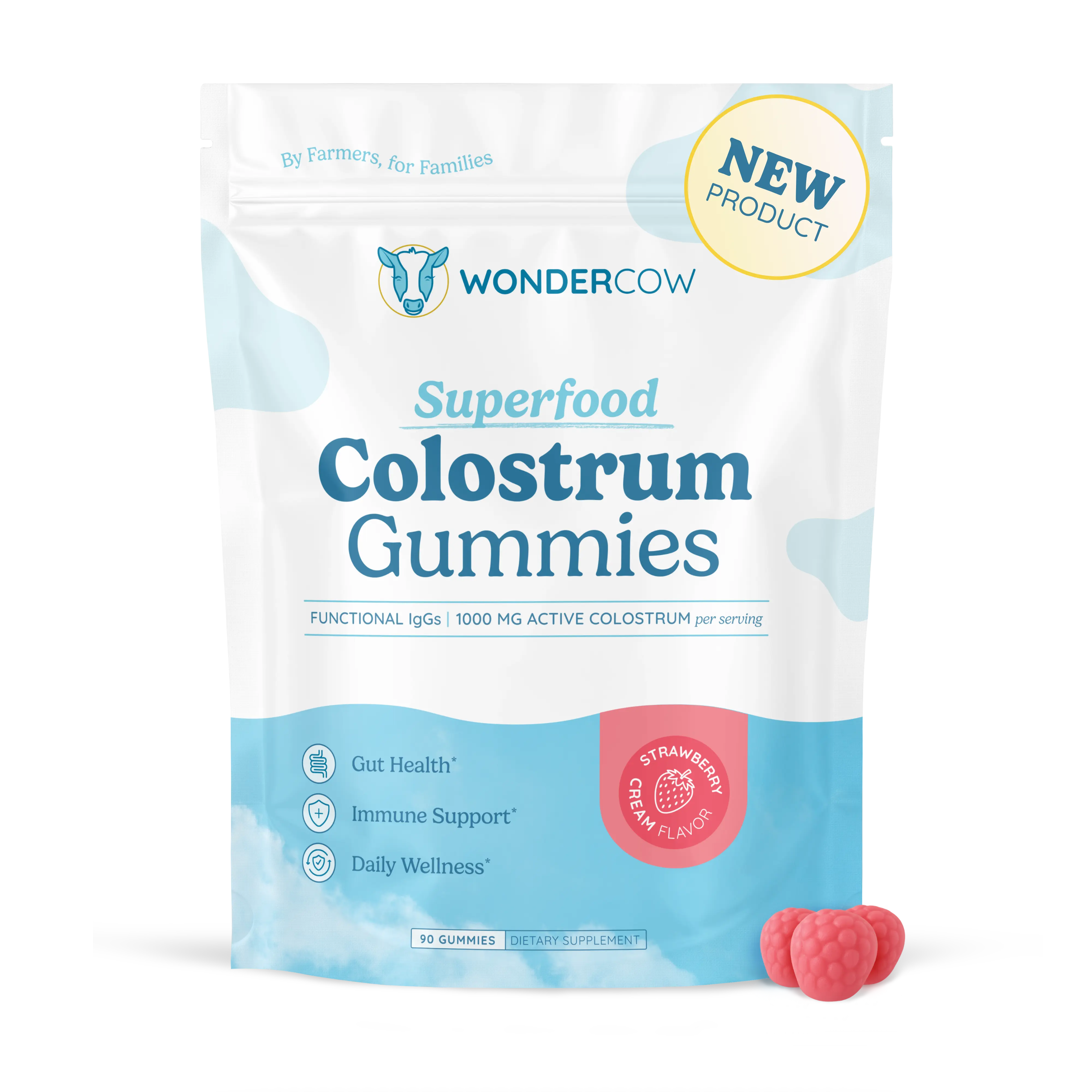 Strawberry Colostrum Gummies - 30 Serving, Whole Bovine Colostrum, Immune Support, Gut Health, On-the-Go, 1,000mg active colostrum per serving