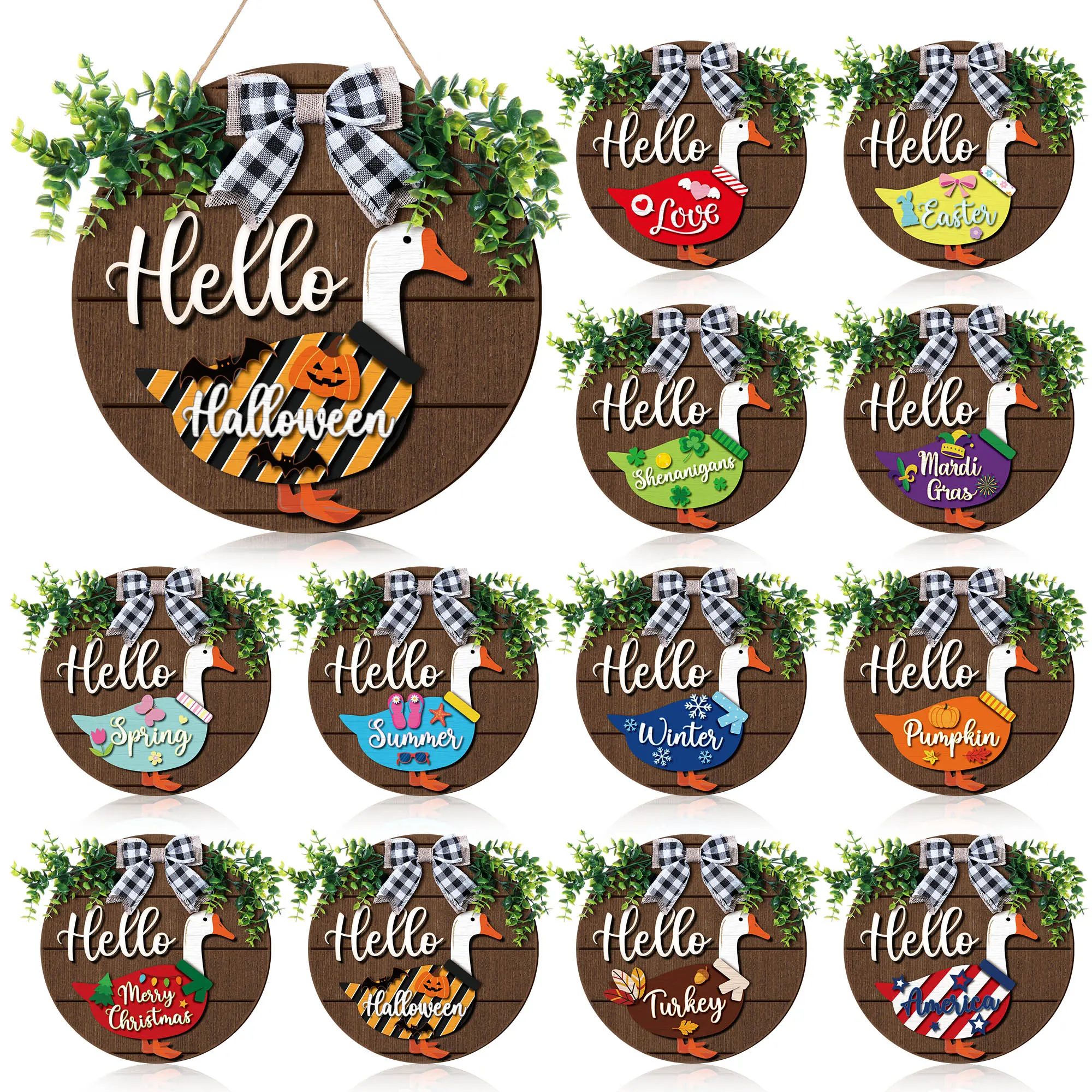 Gejoy Interchangeable Goose Sign Halloween Goose Decor with Magnet Detachable Seasonal Wooden Welcome Changeable Hello Geese Signs Rustic Farmhouse Front Door Round Halloween Wreaths Hanging Decorations for Porch Home Outdoor, Housewarming Gift