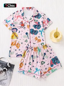 Women's Cartoon Fantasy Print Pajama Set, Fitted Button-Down Short Sleeve Top + Comfortable Loose Shorts, Casual All-Season Sleepwear