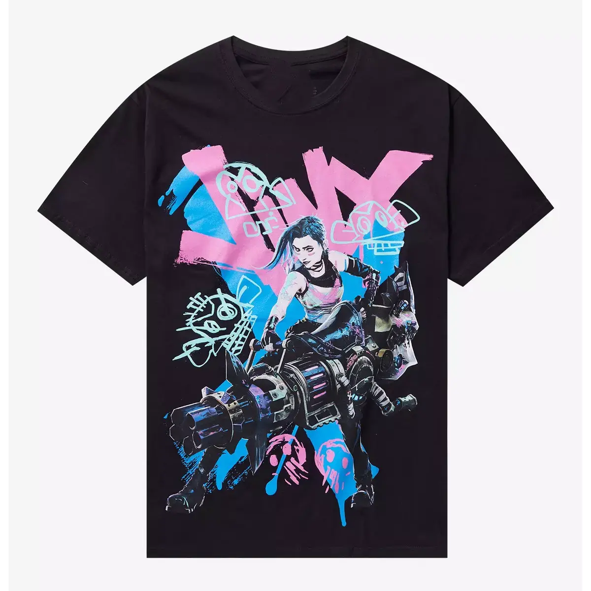 Arcane Jinx Graffiti Jumbo Graphic T-Shirt | Anime-Inspired Streetwear Tee | Punk Art Character Shirt | Unisex Fan Gift