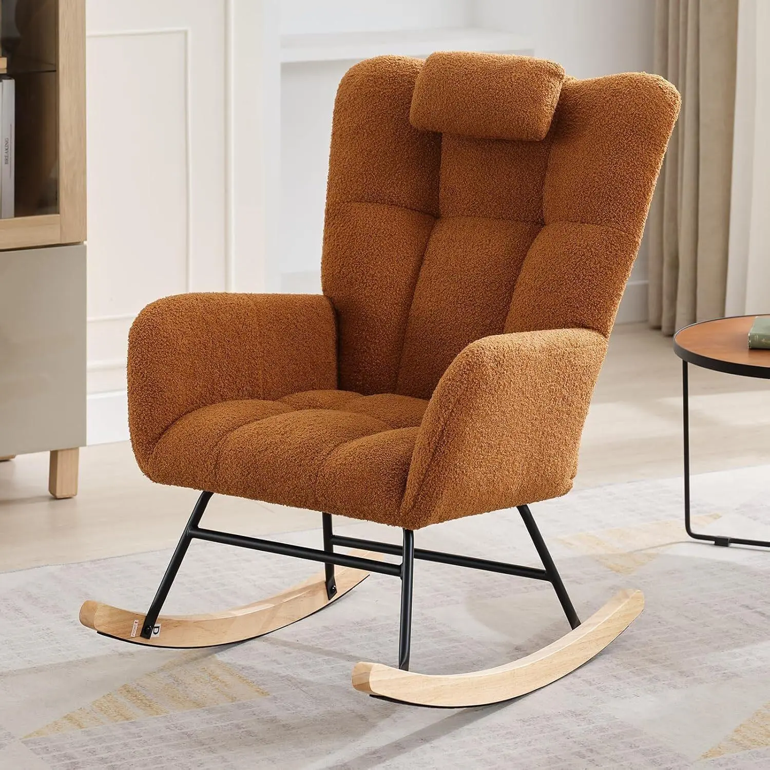 Tufted-Button Wingback Upholstered Rocking Chair - Modern Reading Swinging Lounge Chair with Padded Seat, High Backrest, Side Pocket, Indoor Furniture for Bedroom, Home Office, Brown, Modern Reading Chair