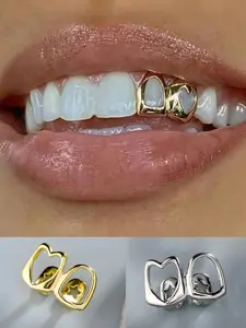 2pcs Hollow Heart Design Dental Braces, Fashionable Rhodium Plated Braces, Unisex Daily Hip Hop Accessories, Dental Braces