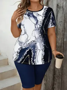 Fashion Marble Print Two-Piece Set Womenswear Plus Size Casual Short-Sleeve Top & Capri Leggings Outfit, Y2K Clothes Summer Daily Wear, Comfortable Relaxed Fit Casual Sets, Stylish Abstract Pattern Detail Party Outfits
