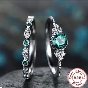 Women’s 925 Sterling Silver Ring Set with Emerald Zircon Crystals for Engagement & Wedding Glamour Jewelry