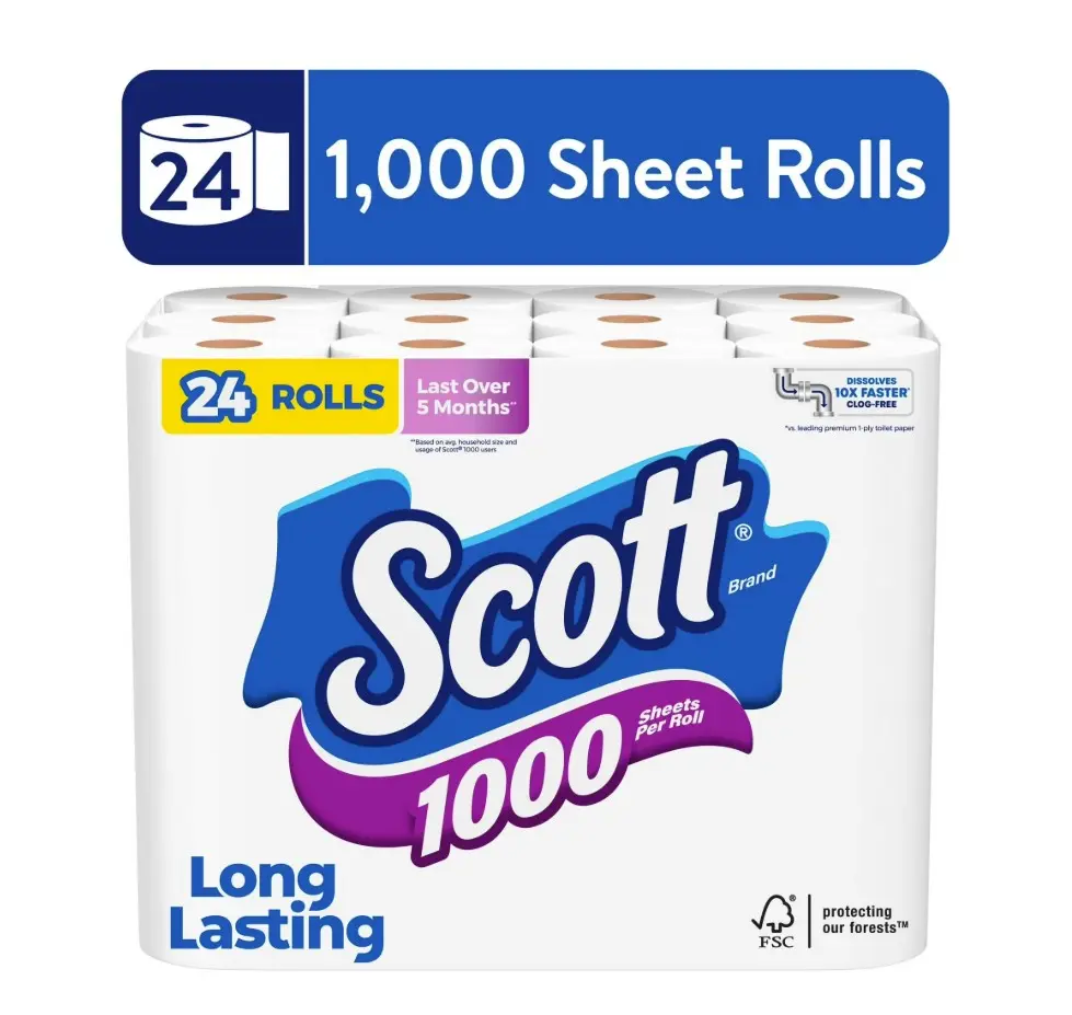 Scott 1000 Soft Flushable Wood Pulp Toilet Paper, 24 Rolls, 1000 Sheets per Roll, Home Supplies, Toilet Paper & Wipes for Bathroom Use, Long Lasting
