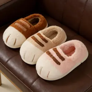 Winter Cartoon Cat Paw Plush Slippers for Women Men Home Warmth Cozy Fuzzy Flats Non-Slip Indoor Outdoor House Shoes Footwear Flipflop