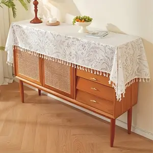 1pc Rustic Romantic Lace Tablecloth, Hollow Out Design, Long Strip Cover Cloth, Fringe Table Runner, Decorative Dining Tablecloth