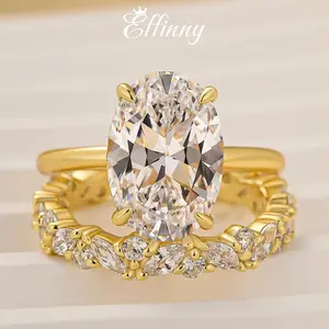 Effinny Jewelry 5.5ct Oval Solitaire Golden Wedding Ring Set In Sterling Silver, 5A Cubic Zirconia Promise Ring, Bridal Ring Set for Travel, Engagement Ring Set, Adults