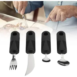 4Pcs Adaptive Utensils, Parkinsons Utensils, Weighted Silverware Rubber Nonslip Handle Stainless Steel Spoon Fork Knife Built Up Utensils for Arthritis Elderly