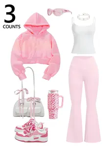 3 Counts Women's 3-Piece Pink Co-ord Set with Cropped Hooded Coat, Flared Pants & Camisole, Y2K Cute Sporty Sports Style Loungewear for Casual Outfit Womenswear
