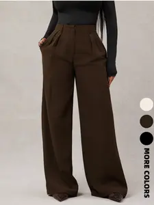 Women's Minimalist Fashion Wide Leg Pants, High Waist Elastic Waistband, Commuter, Casual & Everyday Wear, Comfortable and Stylish