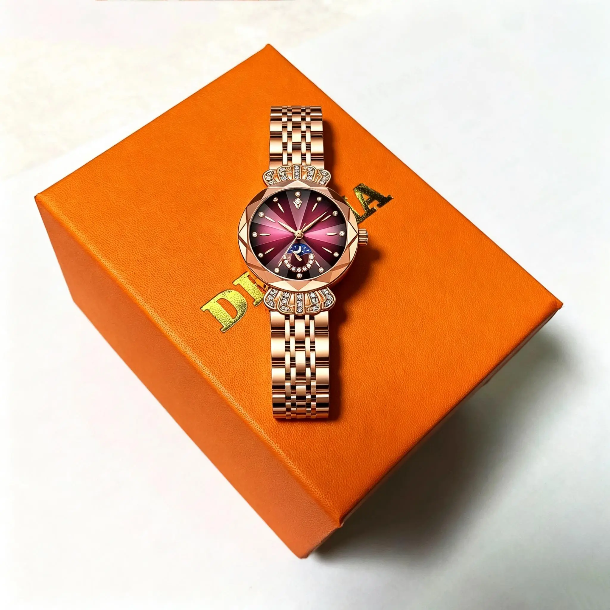 Women's Rose Gold-Tone Moon Phase Quartz Watch(With Gift Box) - Luxurious Waterproof Solid Stainless Steel Strap, Designer-Style, Dressy for Daily & Formal Wear, Robust Quartz Watches,Gifts for girlfriend/mom, Thanksgiving gifts