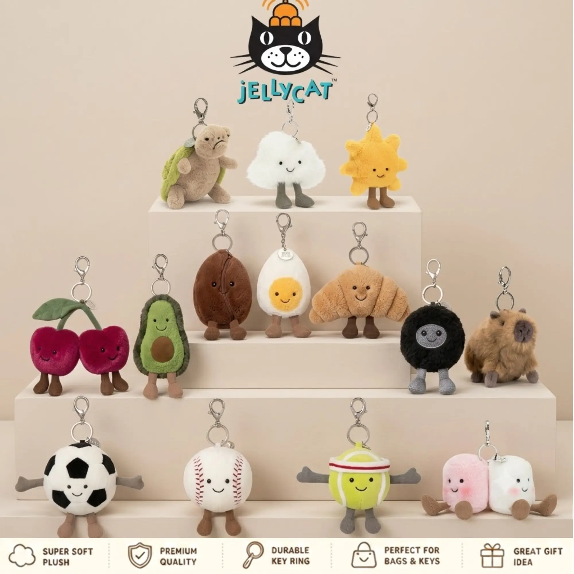 A collection of super cute and soft genuine Jellycat keychains.