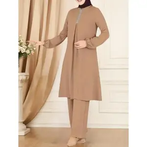 Women's Solid Long Sleeve Round Neck Top & Pants Islamic Two-piece Set, Casual Fashion Cozy Two Piece Outfits for Daily Wear, Muslim Ladies Clothes for All Seasons, Modesty Abaya Hijab Set dt912