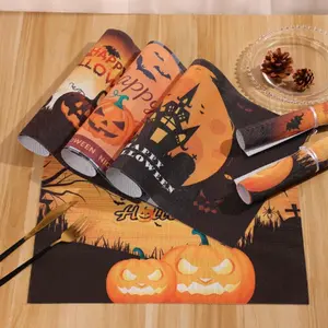 4pcs Thanksgiving & Christmas Linen Placemats with Autumn Leaves Pumpkin Print, Vintage Seasonal Table Decor for Kitchen & Dining, Rustic Scene Set for Parties, Halloween