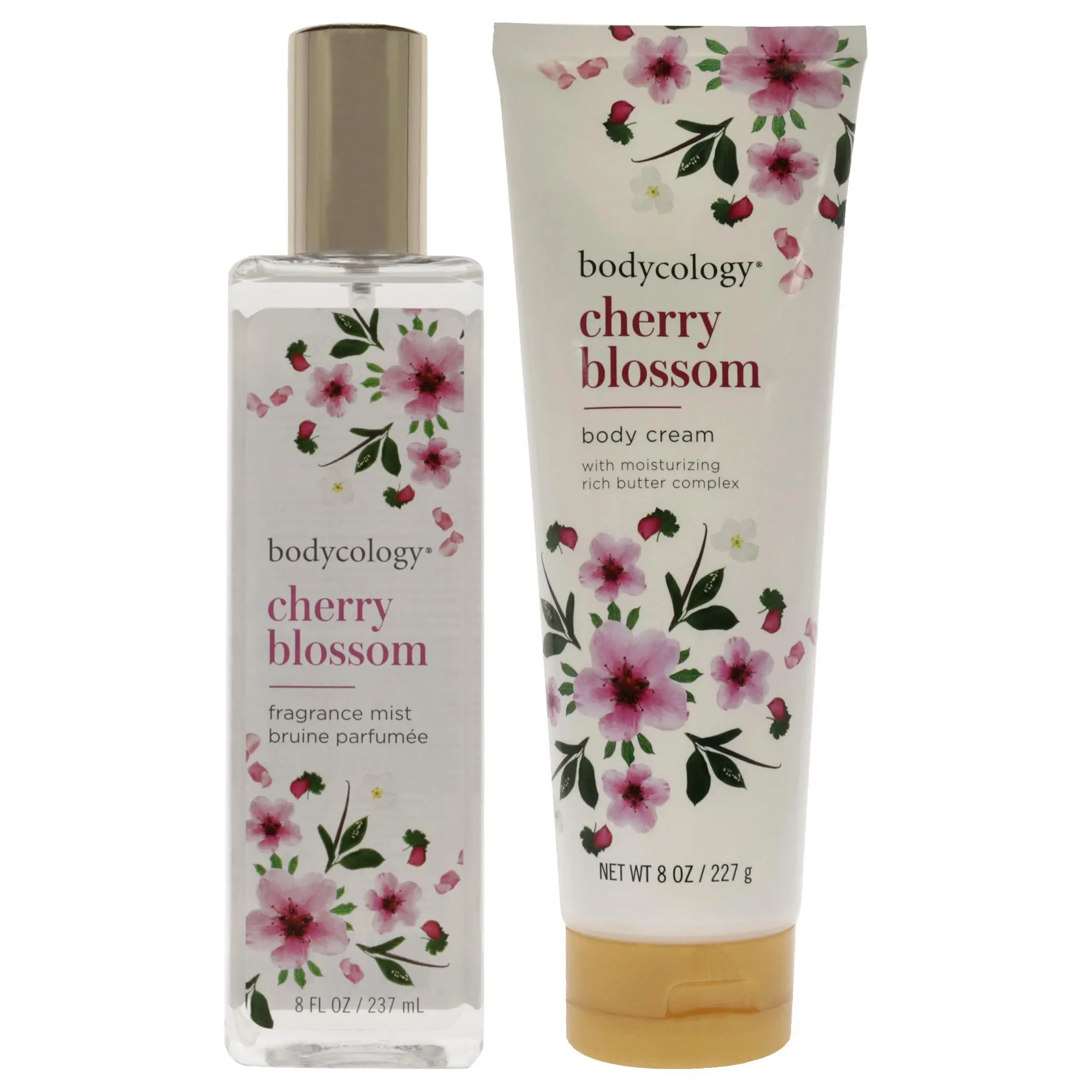 Bodycology Cherry Blossom Women's Body Care Set - 2-Pc Daily Moisturizing & Hydrating Kit with 8oz Body Cream, 8oz Fragrance Mist, Luxurious