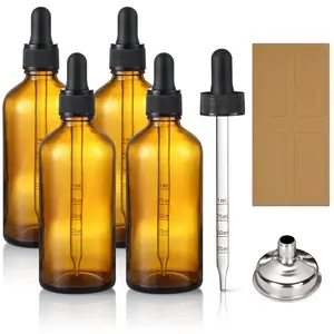 100ml Dark Amber Dropper Bottles with Measured Dropper - 4 Pcs 3.4oz Glass Tincture Bottles with Graduated Eye Droppers for Essential Oils, Liquids - Leakproof for Travel - with 1 Funnel & 4 Labels