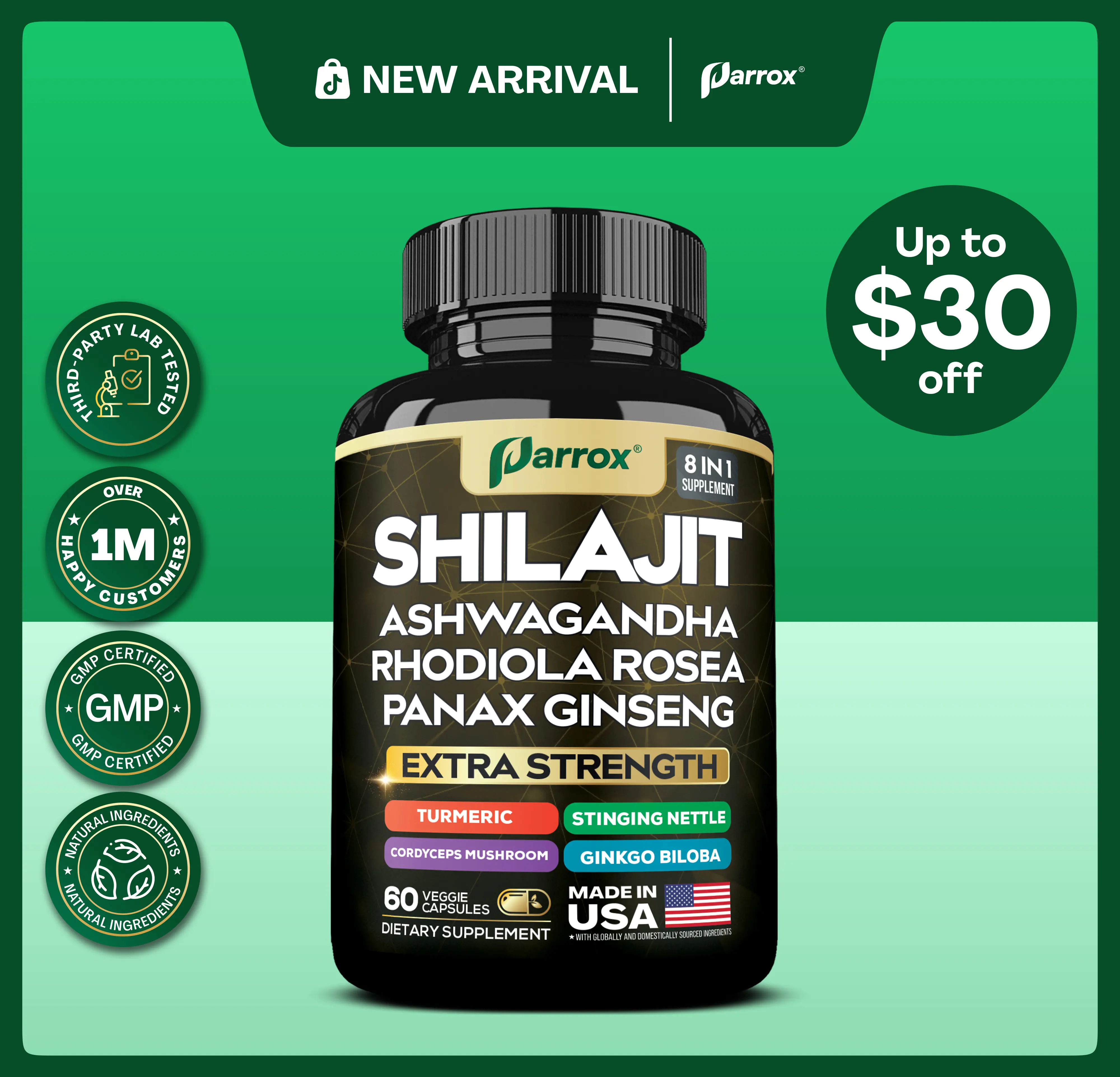 PARROX Shilajit Supplement - All-in-One Multivitamin Energy Booster with Ashwagandha & 7+ Extra Strength Ingredients - 60 Capsules - MADE IN USA