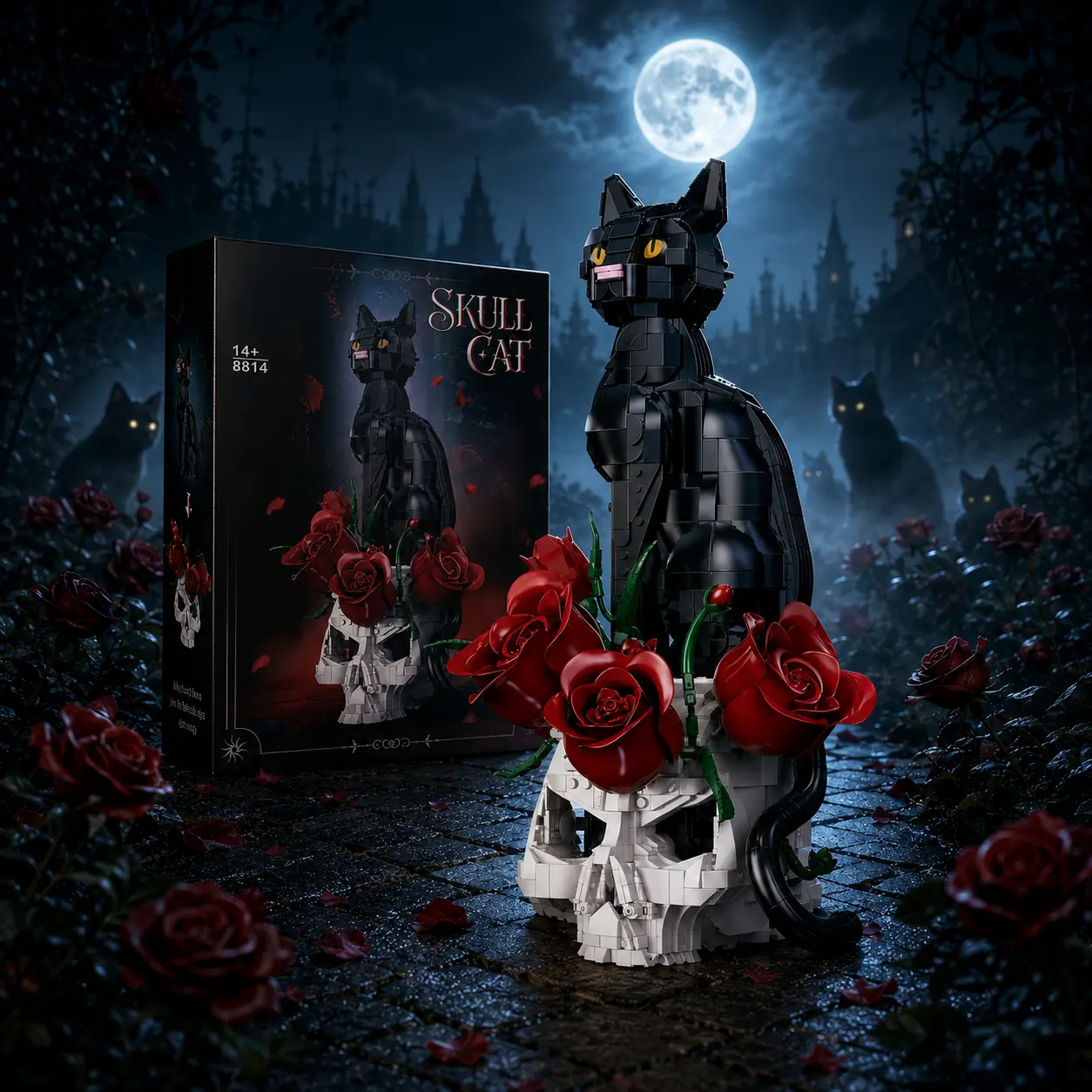 Gothic Black Cat Skull Building Block Set - 1576PCS Brick Blocks with Red Roses Model Kit, Unisex 14+ Years Dark Academia Whimsigoth Gothic home desktop Decor DIY Puzzle Gift for Cat Lovers Halloween, Building Block Sets, Abs Plastic fall gift kid fan