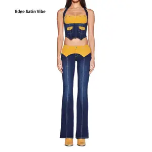 Corduroy Patchwork Denim Halter Bustier - Jeans