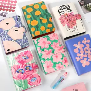 A6 Floral Cover Loose Leaf Notebook with Magnetic Closure, PU Leather Cover, Blank Pages, Heart and Round Stickers Included, Stationery Supplies