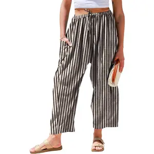 Women's Linen Wide Leg Pants Drawstring High Waist Beach Vacation Trousers