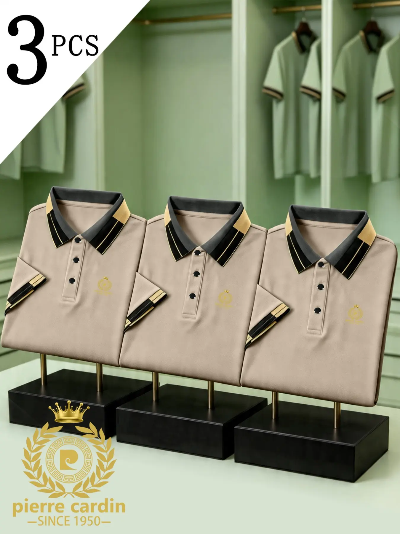Men's Golf Polo Shirts Set, Gold Pierre Cardin Logo Print, Fitted Casual Style, Breathable and Comfortable, All-Season Wear
