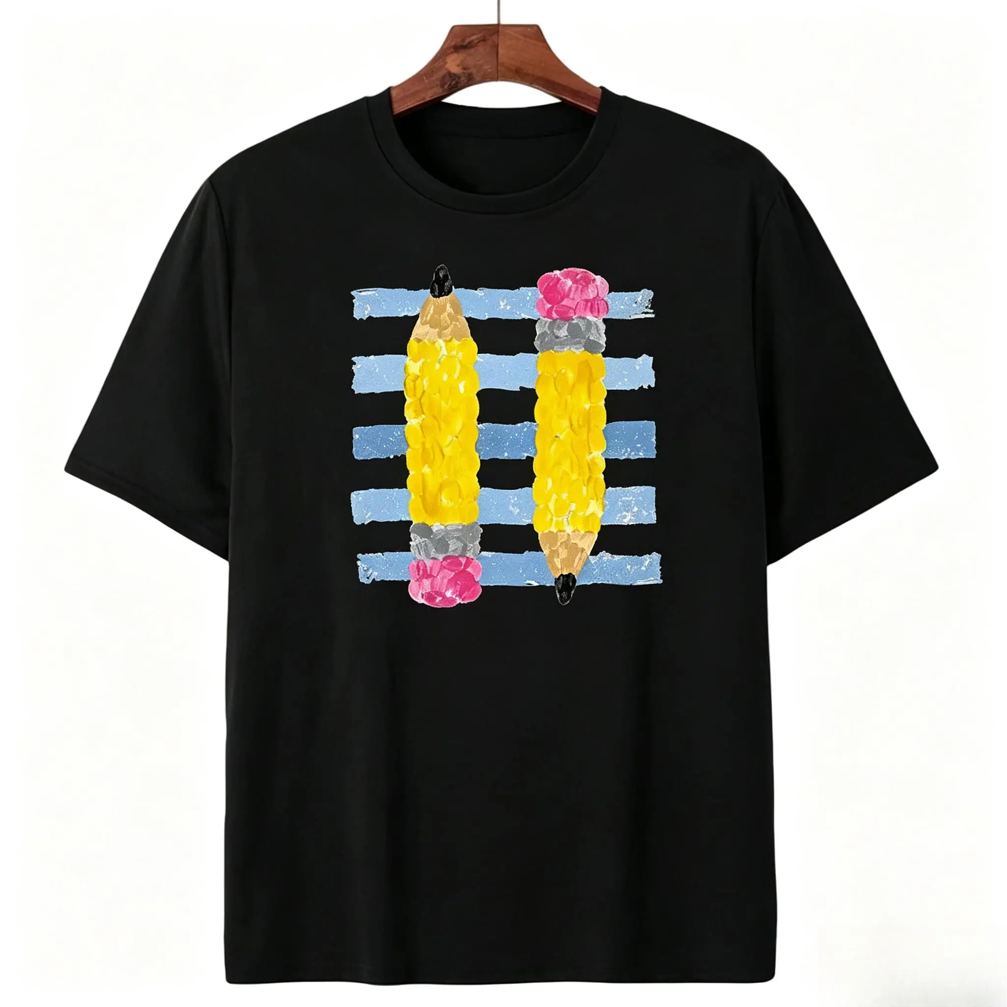 Pencil Paintbrush T-Shirt, Cute Teacher School Graphic Tee, Retro Art Class Pencil Top, Preppy Aesthetic Back to School Outfit, Casual Oversized Apparel