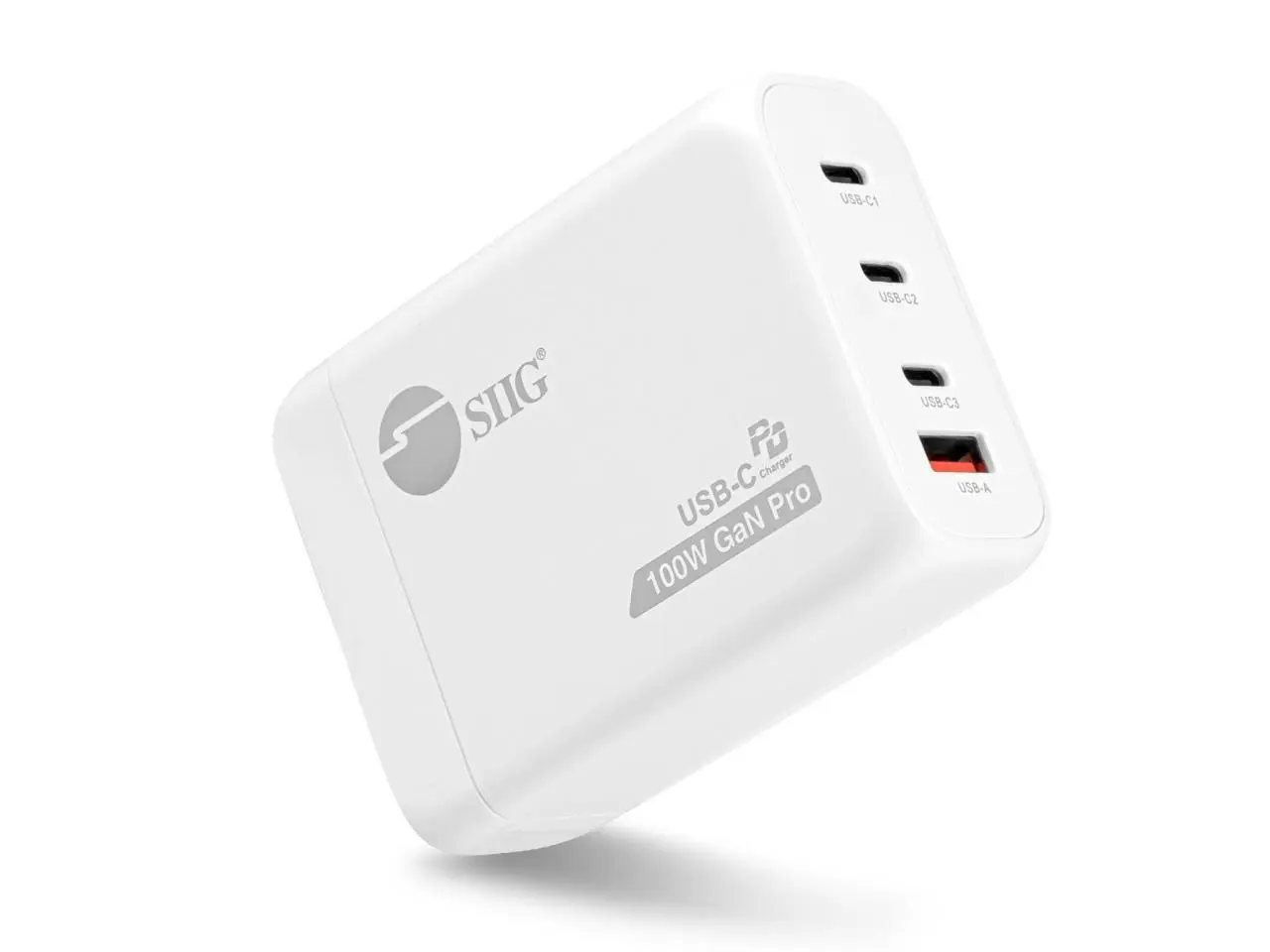 SIIG AC-PW2511-S1 high-performance 100W GaN PD Combo Power Charger, with three USB-C ports and one USB-A port to charge up to four devices simultaneously