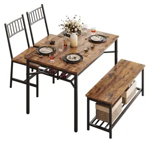 4 Piece Dining Table with Chairs and Bench, Rectangular Kitchen Table for 4, Storage Racks & Sturdy Metal Frame, Space-Saving Dining Room Furniture for Flats, Small Spaces, Apartment, Retro