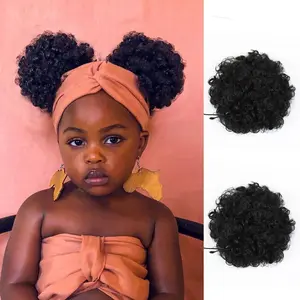 2 Pieces Small Afro Puff Ponytail Extension for Kids, Natural Drawstring Ponytails and Messy Hair Bun Afro Puff Ponytail Hairstyle for Girls(T1B)