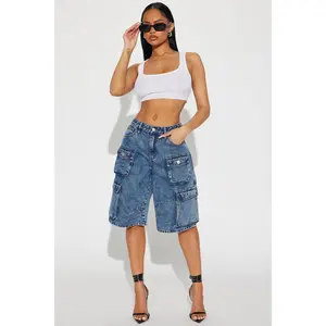 Frankie Acid Wash Cargo Denim Jorts - Medium Wash