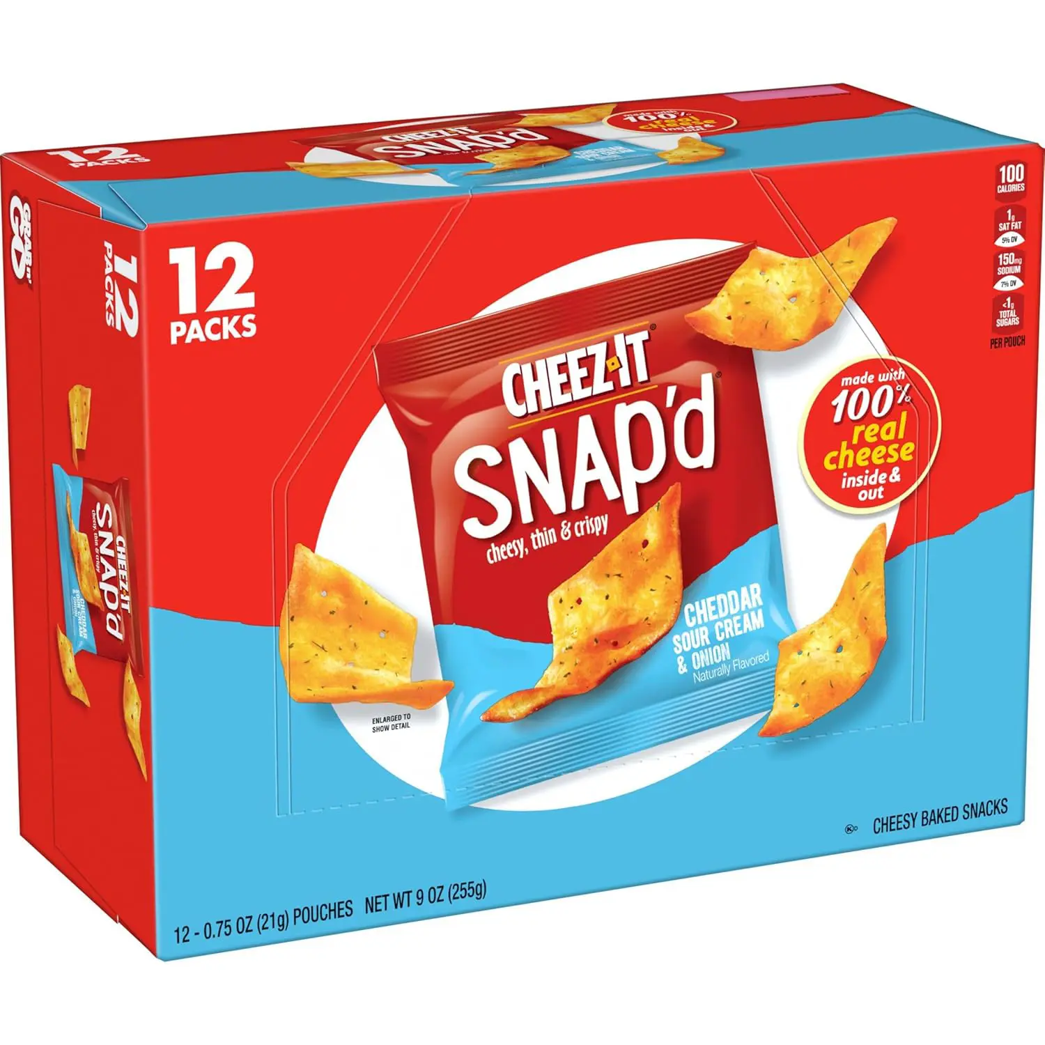 Cheez-It Snap'd Cheese Cracker Chips, Thin Crisps, Lunch Snacks, Cheddar Sour Cream and Onion, 9oz Box (12 Pouches) Milk Crunchy