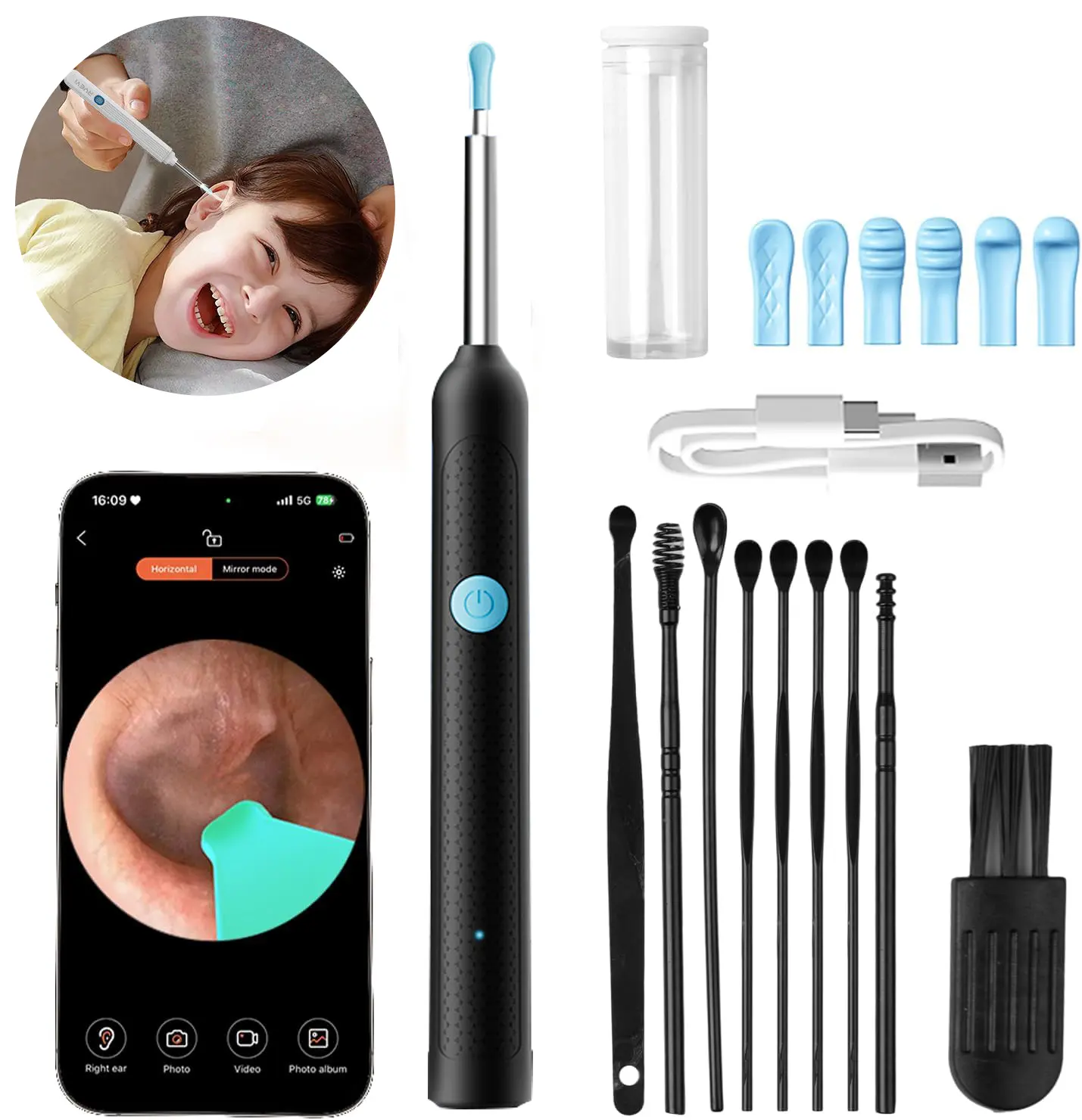 Ear Wax Removal Tool , 800W Pixels FHD Smart Visual Ear Cleaner 6 Ear Spoon WiFi Ear Camera Fit for Ear Camera for iOS & Android Black Earpick Flashlight Silicone Storage