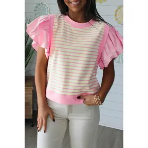 Pink Stripe Ruffled Short Sleeve Patchwork Blouse