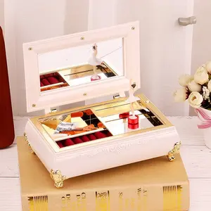 Vintage-Style Rectangular Music Box Jewelry Organizer, Ornate Design, Includes Mirror & Ballet Dancer Figurine, Ideal for Gifts