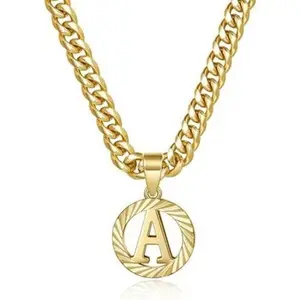Meraki Golden Round Letter pendant Hollow Capital Monogram 5mm Cuban Chain Necklace From A-Z Dairil Jewelry for Women& Men