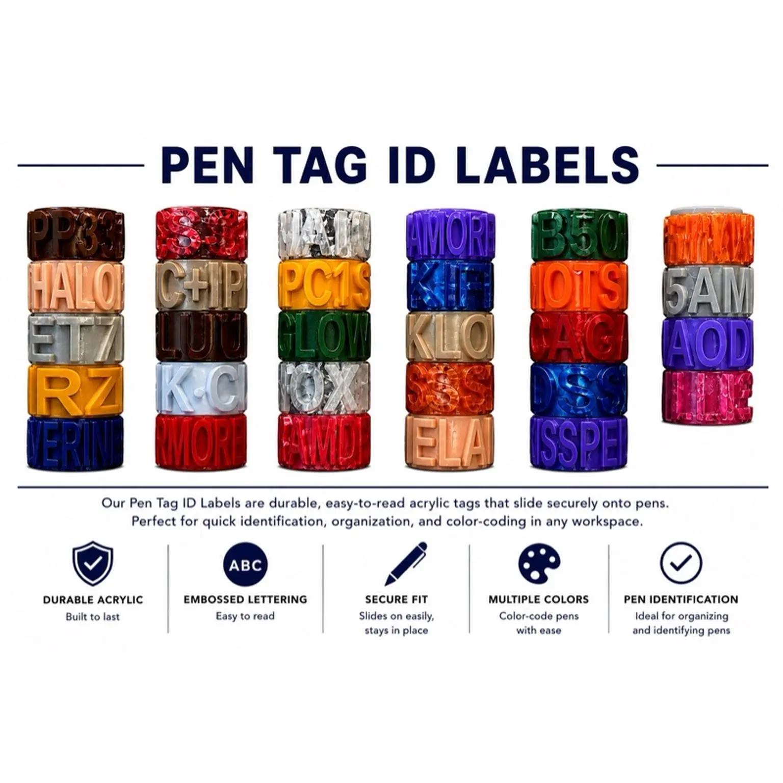 Durable Acrylic Pen Tag ID Labels - Easy to Read, Secure Fit, Ideal for Organizing and Identifying Pens, Multiple Colors