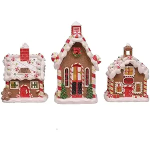 Porcelain Gingerbread Christmas Village Set, 3 Piece LED Tea Light Houses, 6 Inch Holiday Tabletop Decor, Red Lighted Village Mantel Decoration